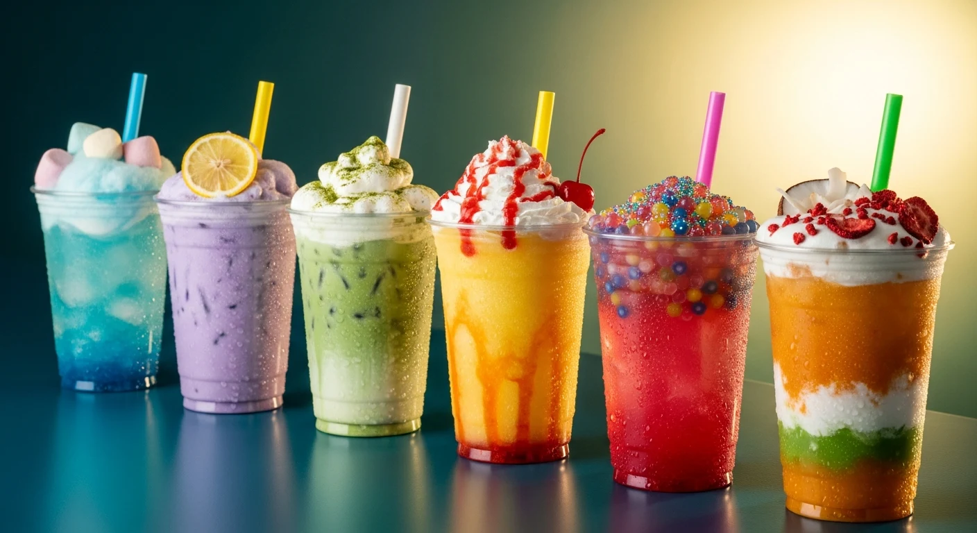 A lineup of colorful Spenard Grinds drinks on the counter