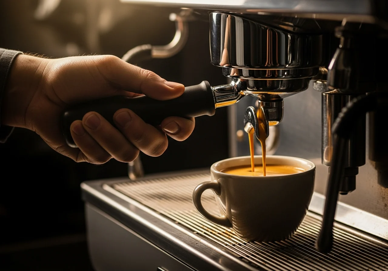 A fresh shot of espresso pulling with thick golden crema