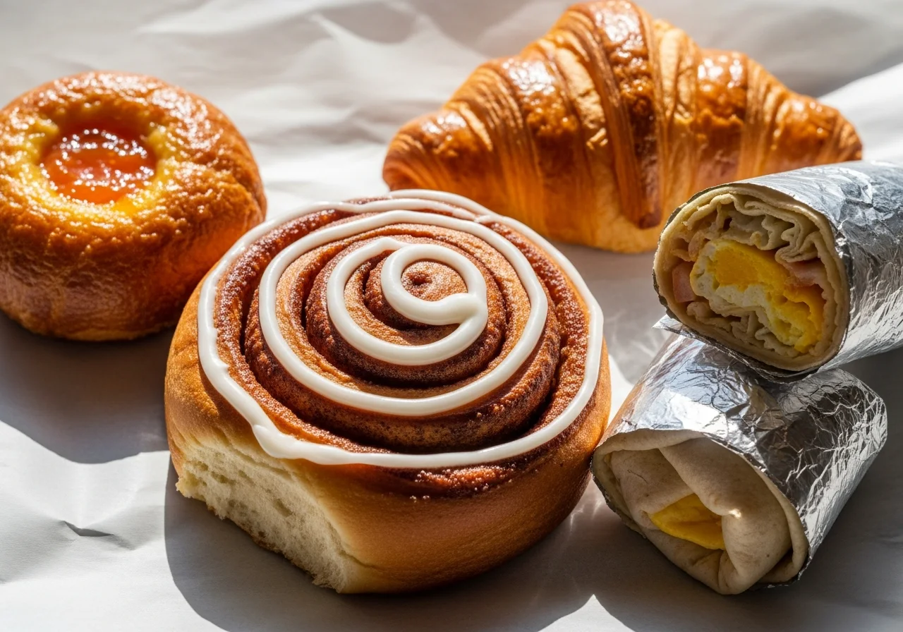 Cinnamon roll, kolache, croissant and a breakfast burrito